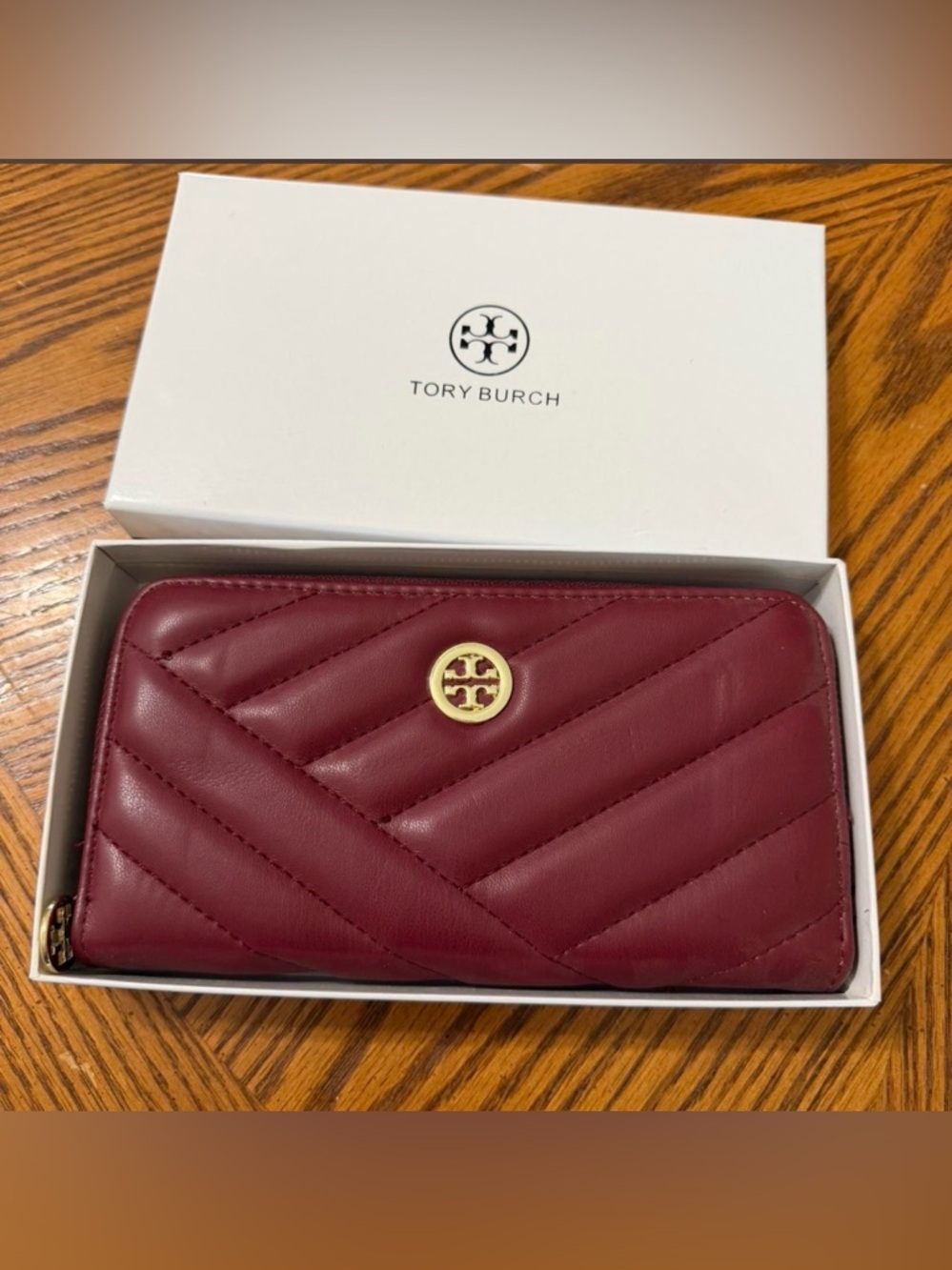 Tory Burch Quilted Leather Zip Wallet - Burgundy with Gold Logo